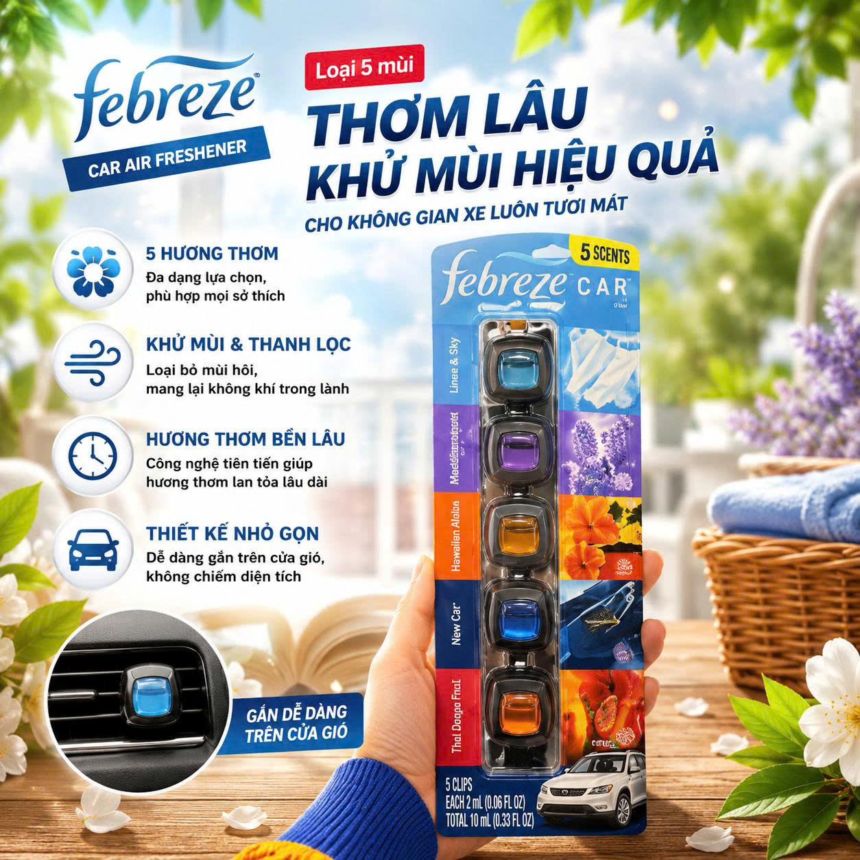 Nước Hoa Ô Tô FEBREZE CAR – LINEN & SKY (BỘ 5 CỤC KẸP CỬA GIÓ Ô TÔ)