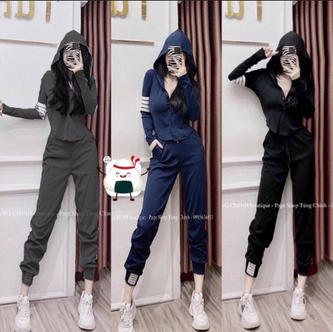 Sét thể thao thun tăm gồm quần jogger và áo dài tay, sét thom