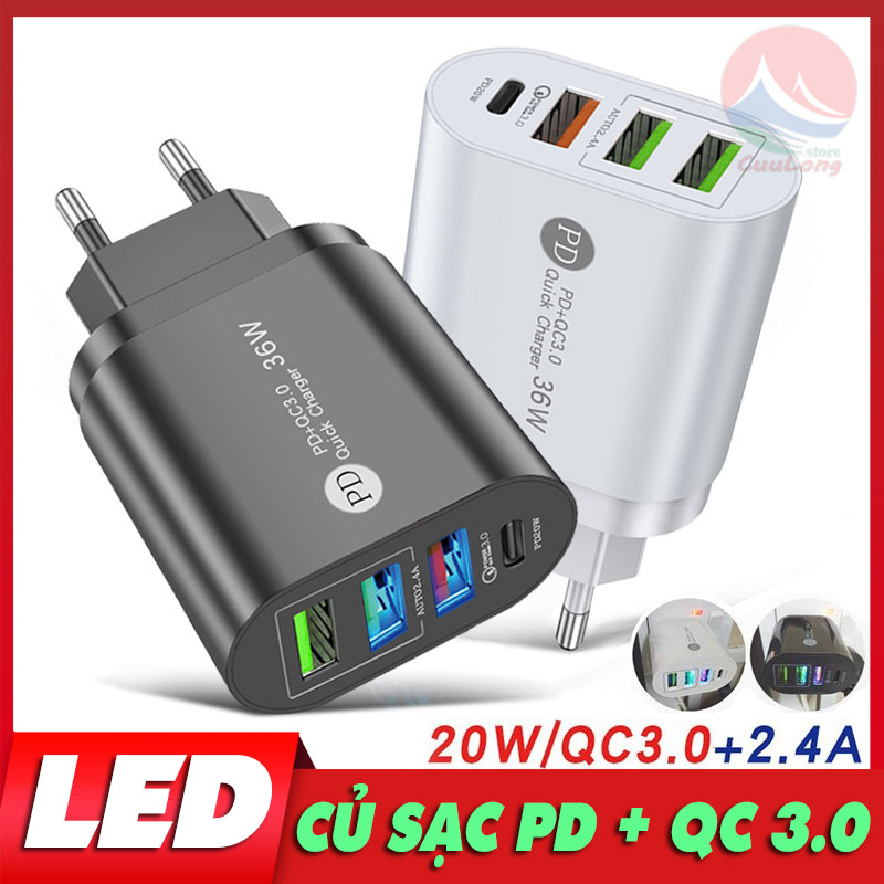 Cục Sạc Nhanh 20W PD Type C 4 Cổng Sạc, Củ Sạc Có Đèn Led Phát Sáng, cốc sạc đa năng điện thoại máy tính bảng CuuLongstore