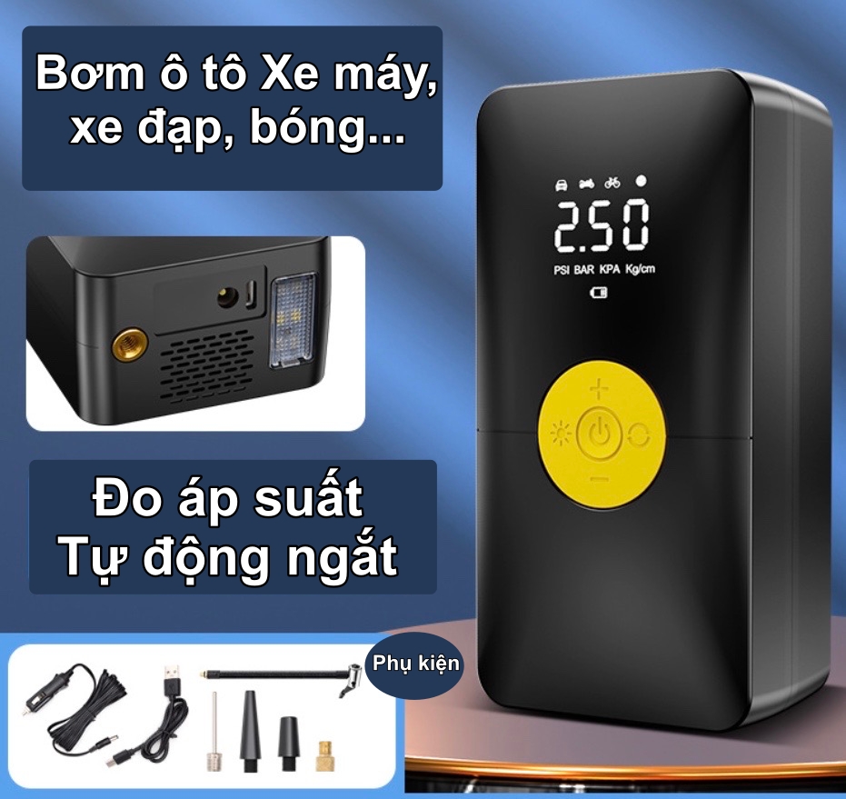 Bơm hơi tự động có sạc pin- Bơm lốp ô tô, xe máy, xe đạp, bơm bóng tiện dụng