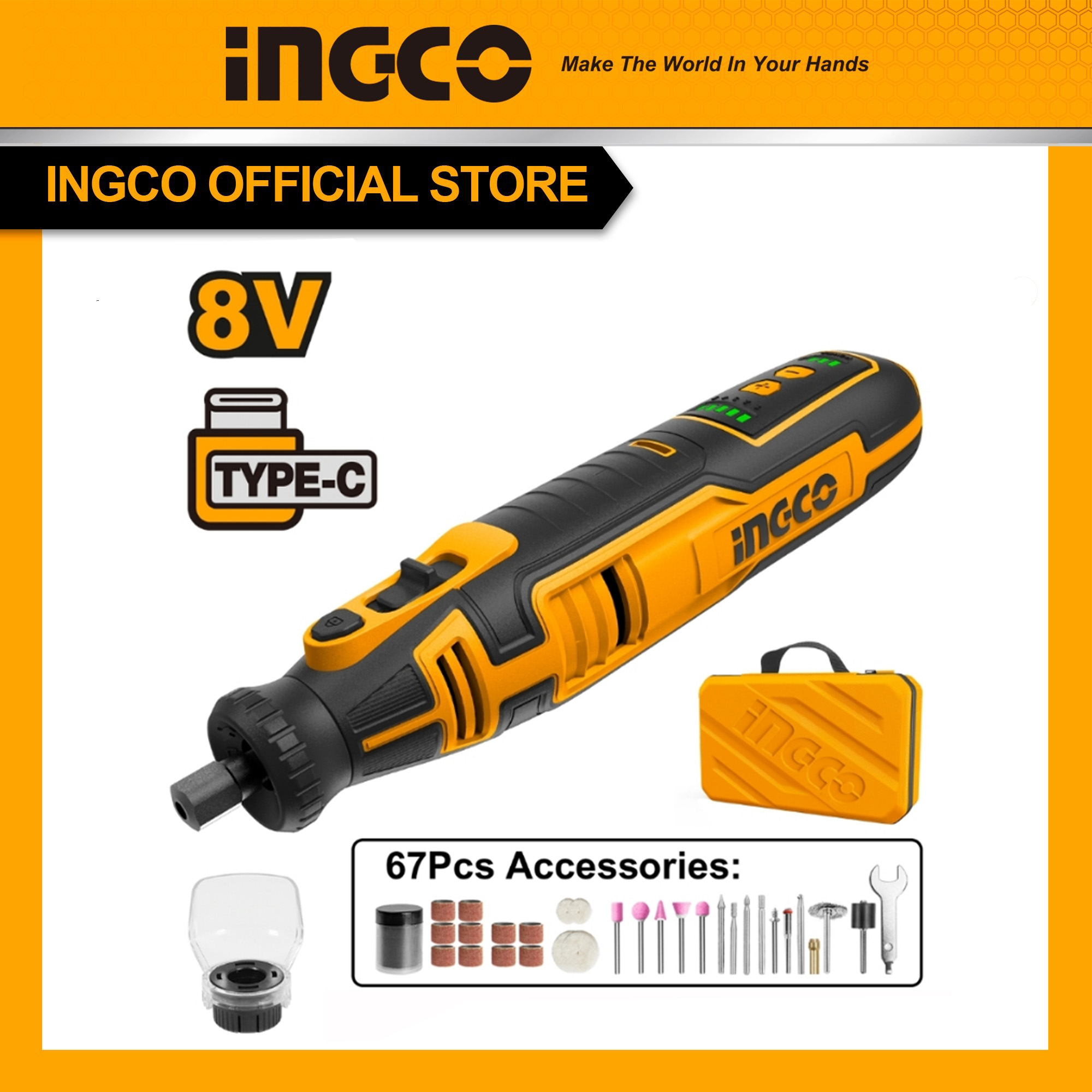 Máy mài khuôn dùng pin mini cầm tay Ingco CMGLI0801 8V cáp sạc USB Typec