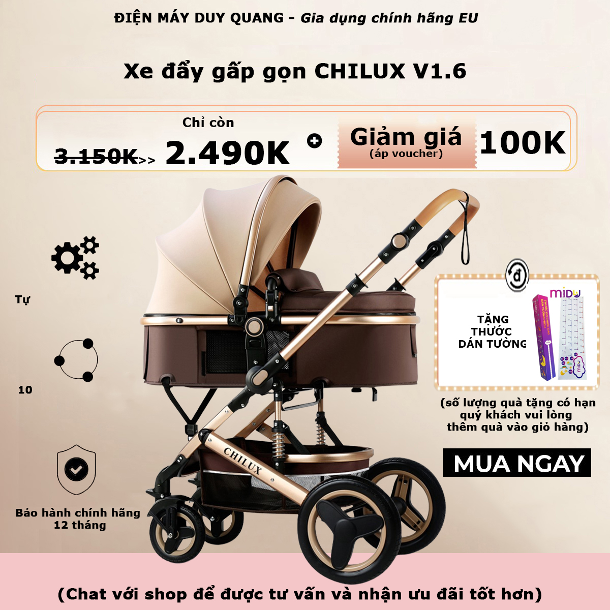 Xe đẩy cho bé Chilux V1.6, có thể gấp gọn, xe nôi 9 chức năng an toàn cho bé