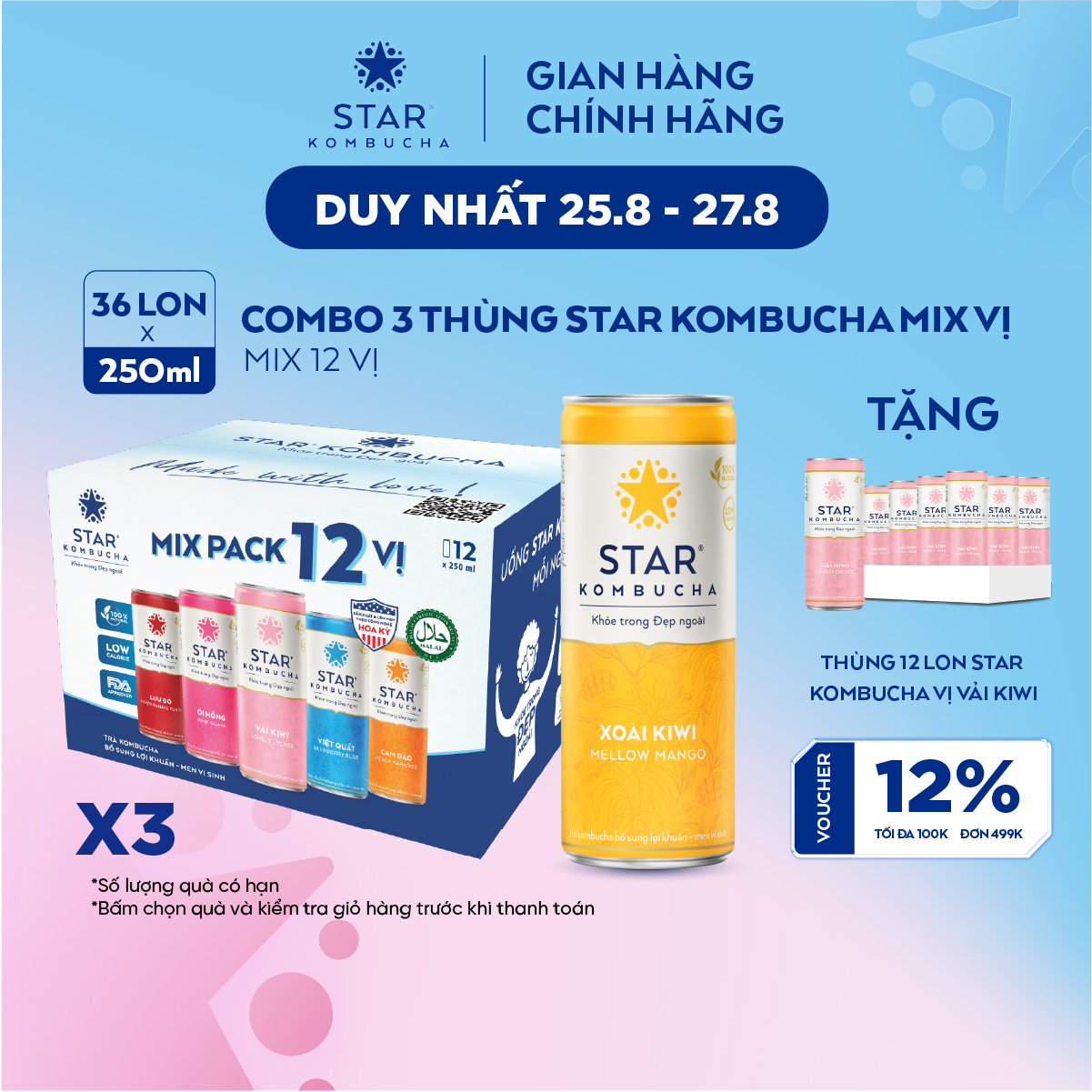 Combo 3 thùng 12 lon trà lên men star kombucha mix vị