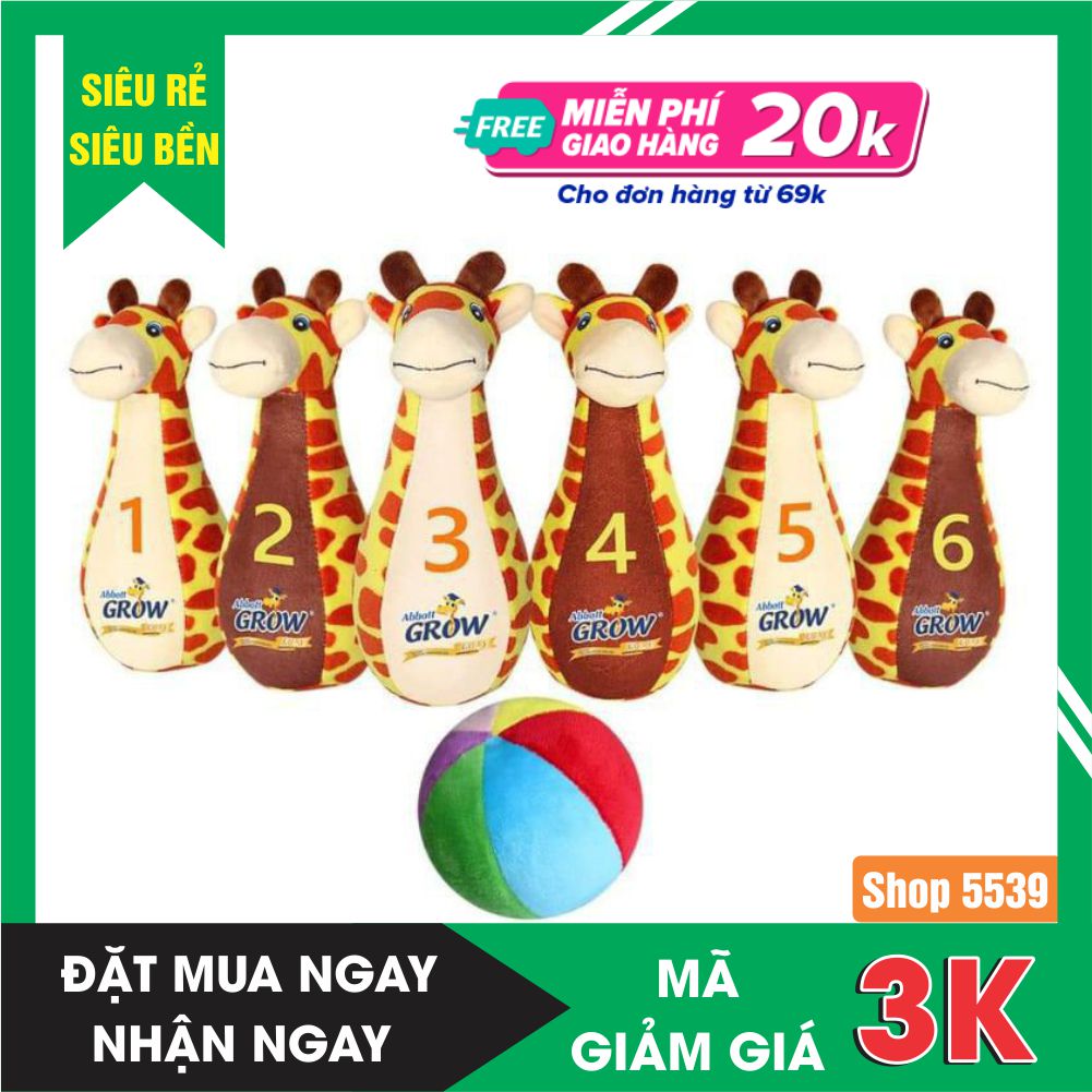 Bộ đồ chơi Bowling cho bé gồm 6 gấu bông hưu cao cổ và 1 bóng, thích hợp cho bé từ 1 tuổi trở lên