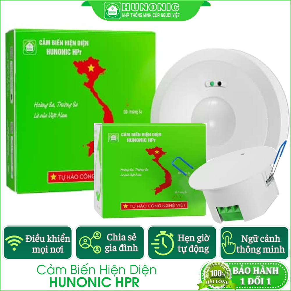 Cảm biến hiện diện ốp trần, âm trần hunonic hpr, phát hiện chính xác con người, người còn thở là đèn còn sáng, bh 1 năm