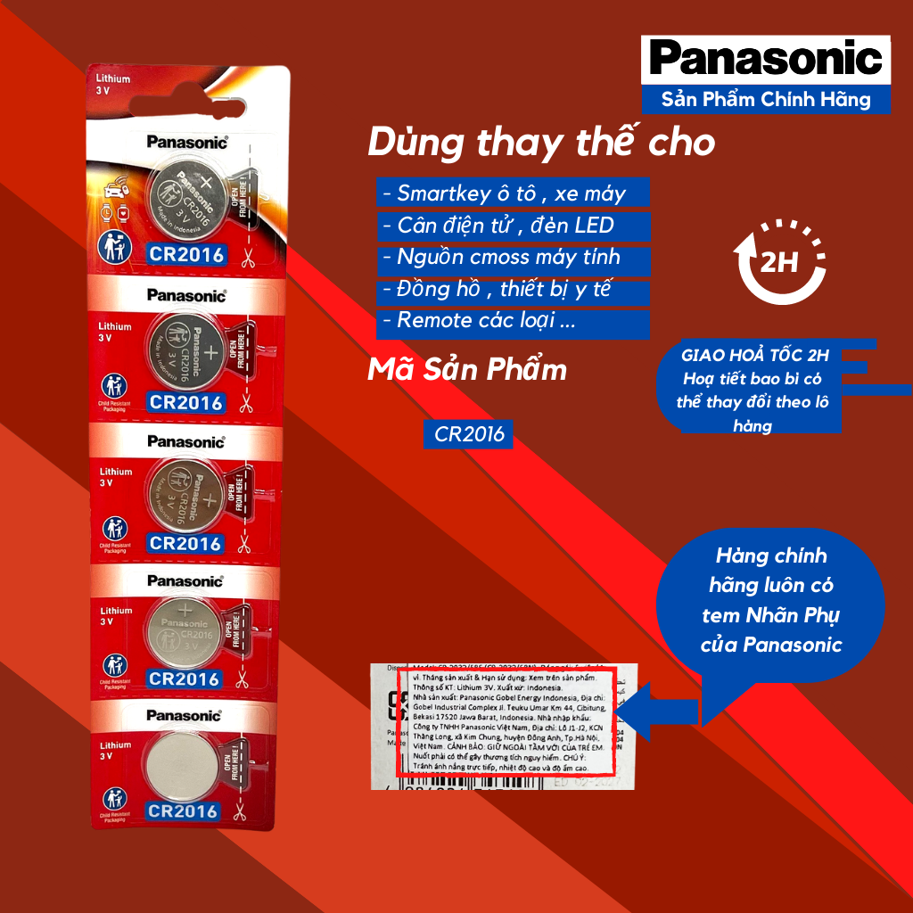 Vỉ 5 Viên Pin CR2016 Panasonic Lithium 3V - Hàng Chính Hãng