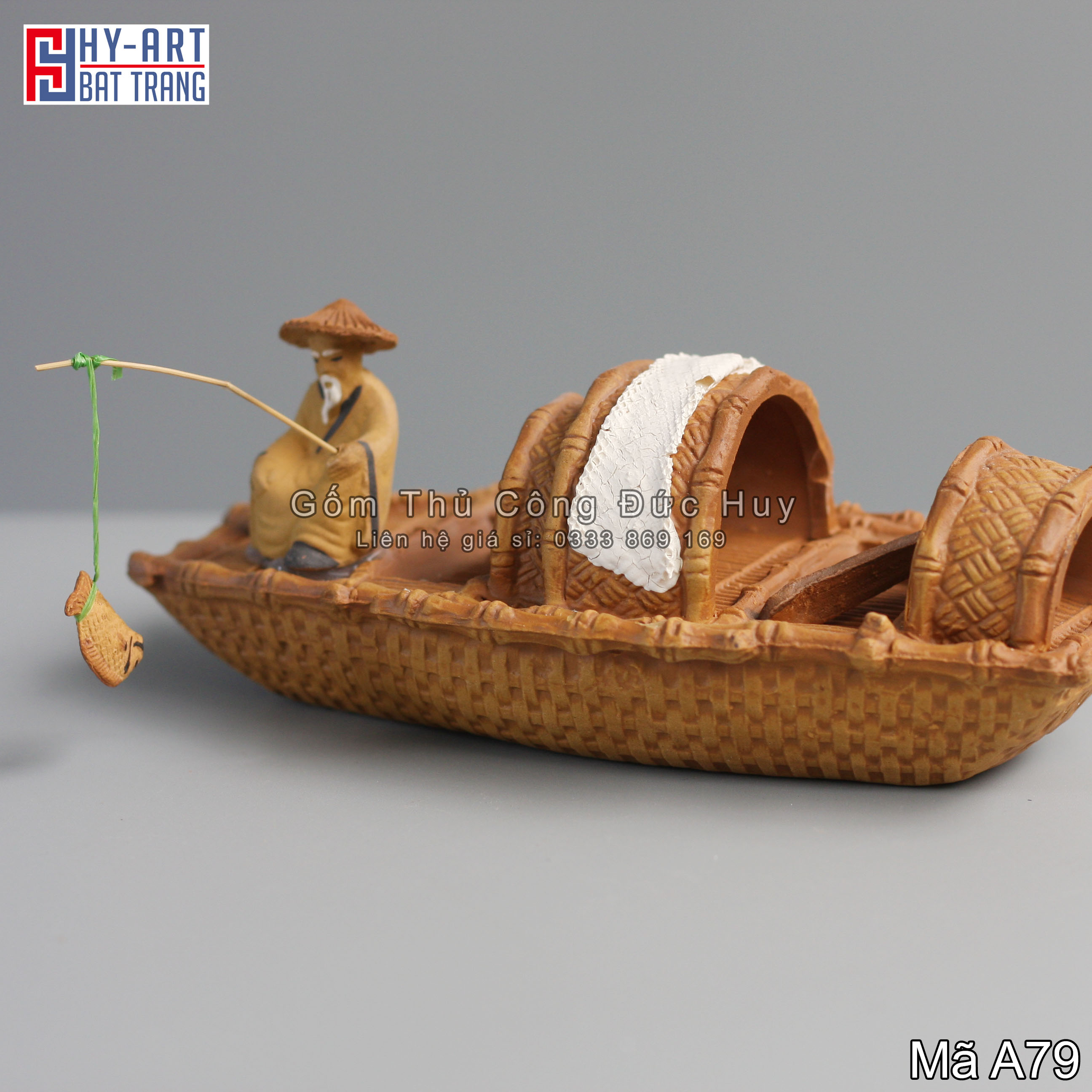 Tượng gốm Cụ Ngồi Thuyền Câu Cá - Trang Trí Hòn Non Bộ - Tiểu Cảnh - Bể Cá