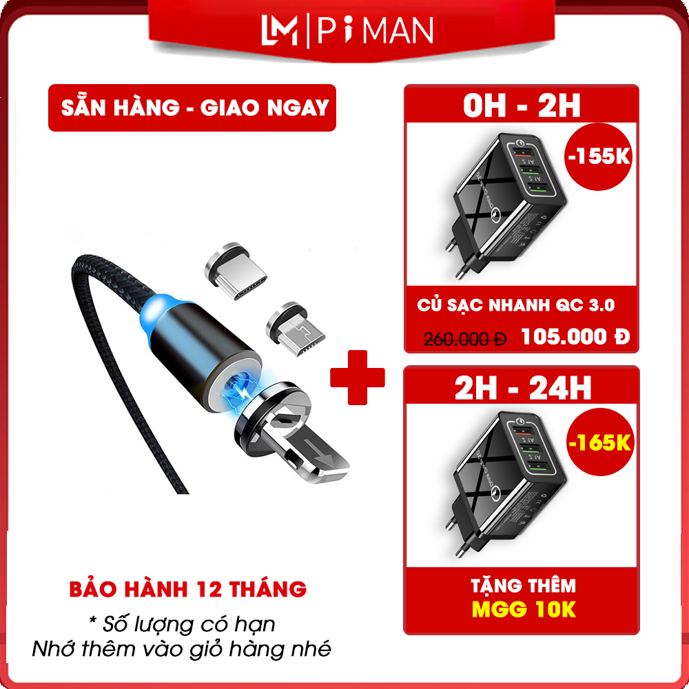Dây sạc nam châm iphone samsung đầu Lightning, type c, Micro sạc nhanh cho tất cả các dòng điện thoại có hỗ trợ - Piman DCS02