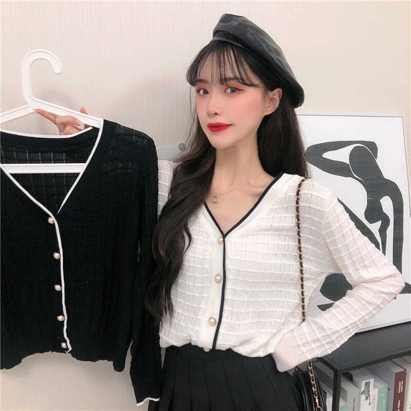 Áo khoác cardigan thun len nữ tay dài sọc gân thời trang