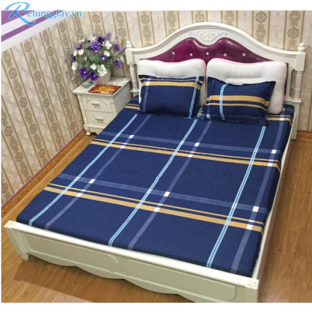 Set 3 món ga gối cotton mẫu kẻ xanh vàng