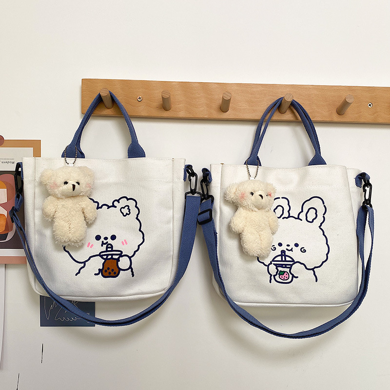Túi đeo chéo vải canvas in hình gấu thỏ đáng yêu phong cách Hàn Quốc dùng để đi học đi chơi đựng sách vở