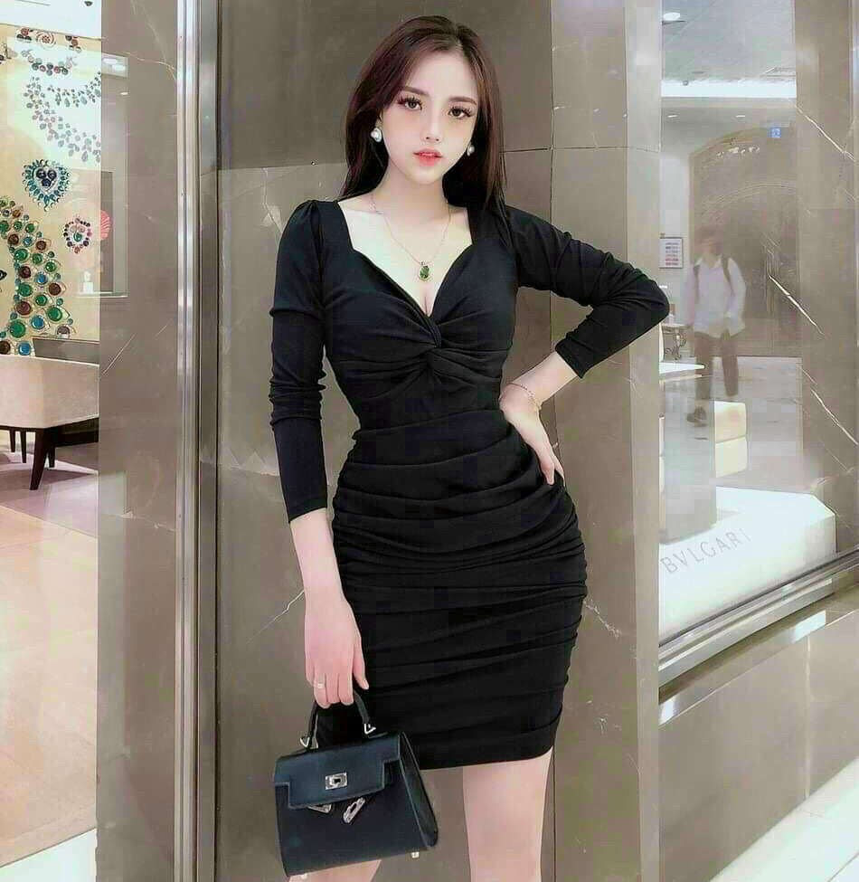 [Hàng Hot] Đầm Váy Nữ Ôm Body Tay Dài Xoắn Ngực Nhún Eo Hông Chất Cotton Su Mặc Mát Co Dãn Tốt Thời Trang Kiểu Cách Đi Chơi, Đi Dự Tiệc D.ONE FASHION, Mẫu Free Size (40-55Kg) Mặc Vừa
