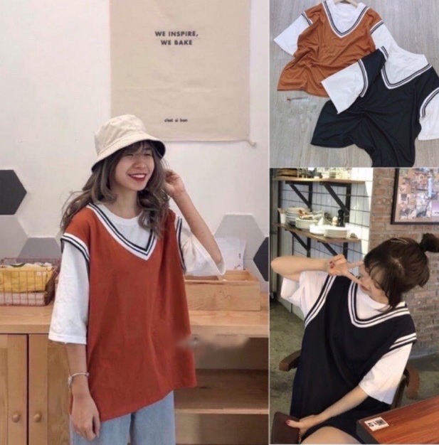 Văn đức Fashion - Set Áo Gile Viền Sọc Cổ Tim 2 Màu Đen và Nâu Unisex.