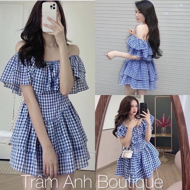 Đầm bẹt vai caro xanh bèo trâm anh boutique