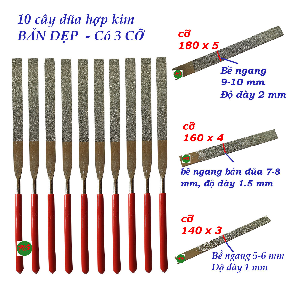 10 cây dũa BẢN DẸP chất liệu hợp kim có 3 kích cỡ để chọn 180x5 - 160x4 - 140x3