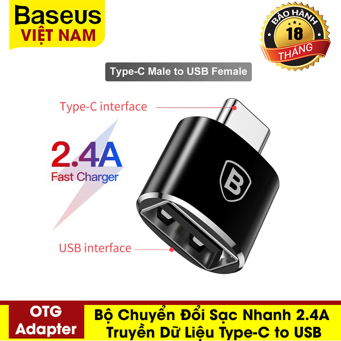 Bộ chuyển đổi sạc nhanh truyền dữ liệu 2.4A Baseus Mini USB female to Type-C male Adapter Converter