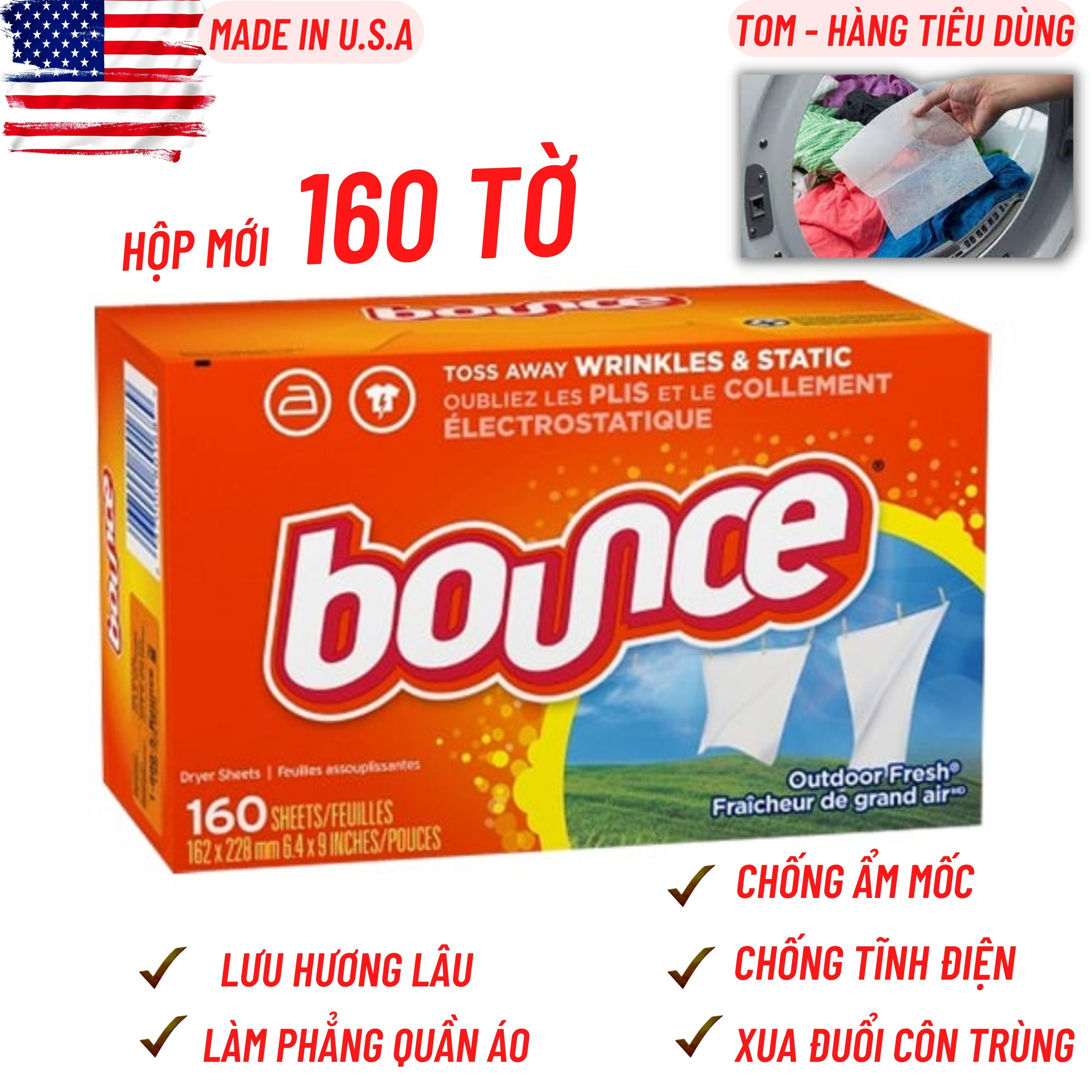 Giấy thơm bounce outdoor fresh hàng mỹ hộp 160 tờ