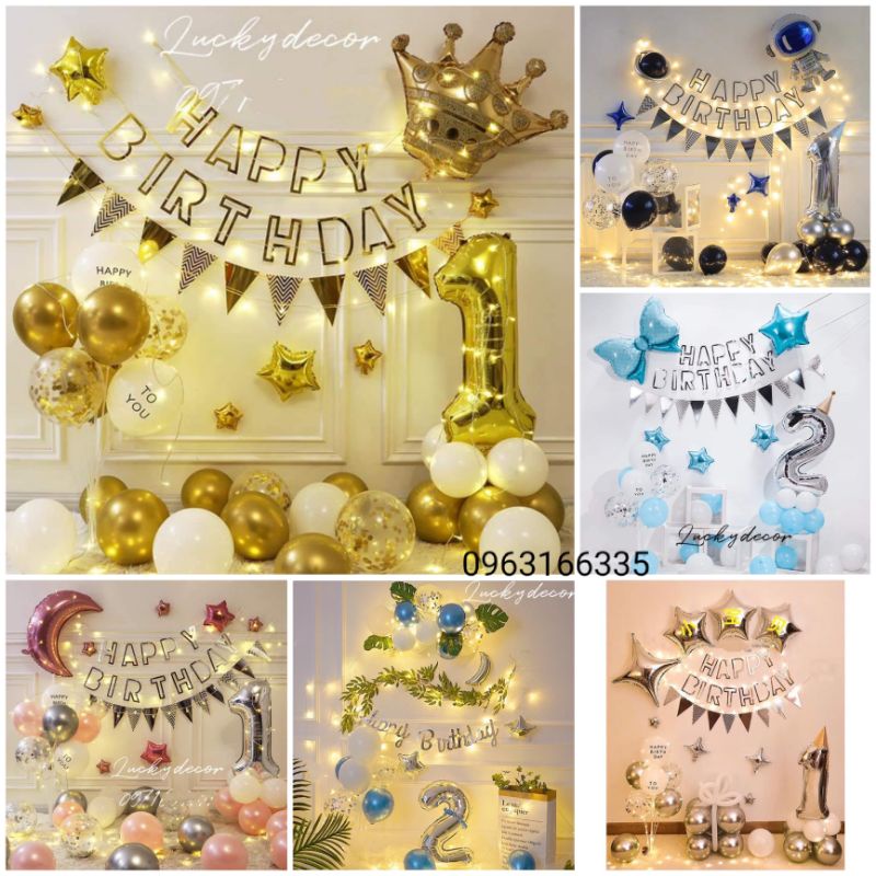 Combo set bóng bay trang trí sinh nhật, trang trí thôi nôi bé trai bé gái kèm đèn led và phụ kiện