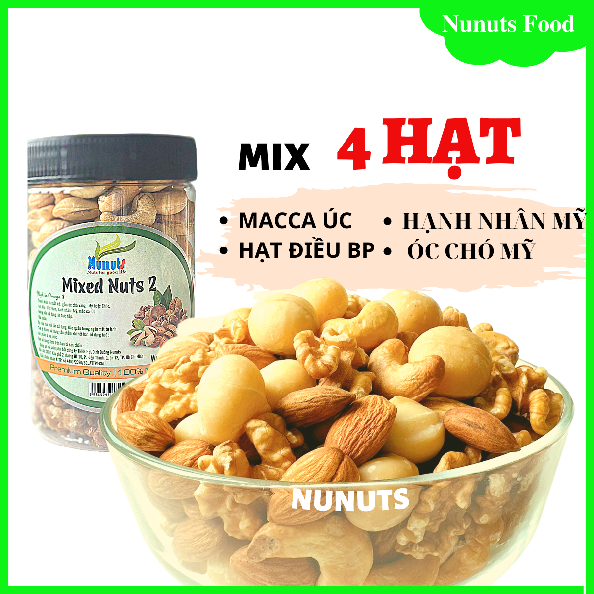 Mix hạt dinh dưỡng cho bà bầu gồm 4 hạt ( macca Úc, hạnh nhân Mỹ, óc chó Mỹ, hạt điều Bình Phước) làm sữa, sấy giòn, nướng mật ong