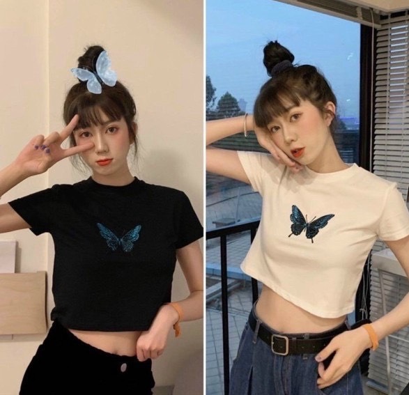 🐣🐣 SIÊU HOT 🐣🐣 Áo Croptop Cộc Tay Dưới 55kg Thêu Bướm 🐣🐣 Bản mới D43