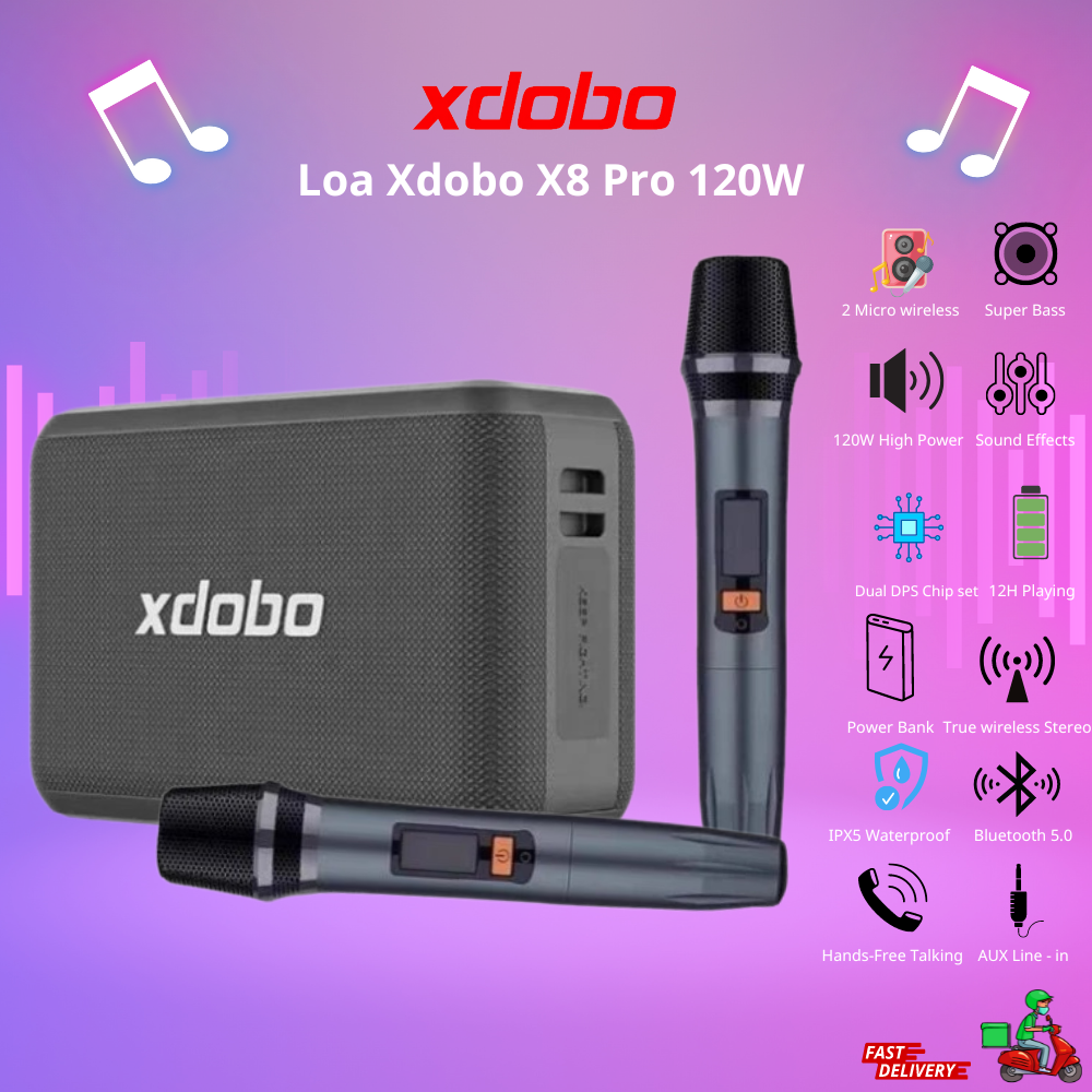 Loa bluetooth karaoke di động xdobo x8 pro siêu trầm công nghệ usa, 2 micro không dây, chống nước pix5, tws, dps, bt 5.0
