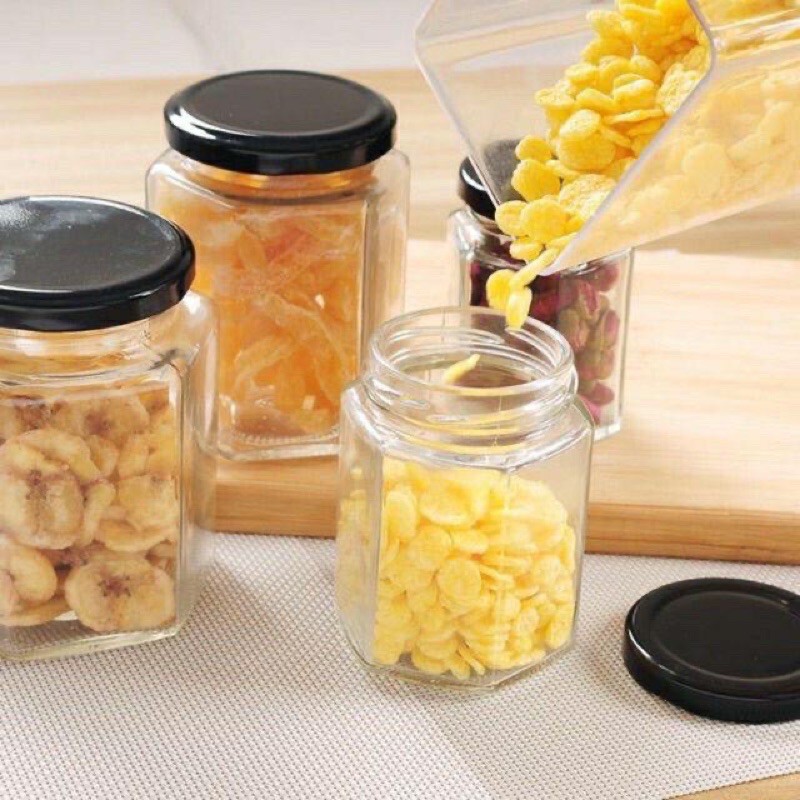 Hũ thuỷ tinh lục giác nắp thiếc đen 100ml