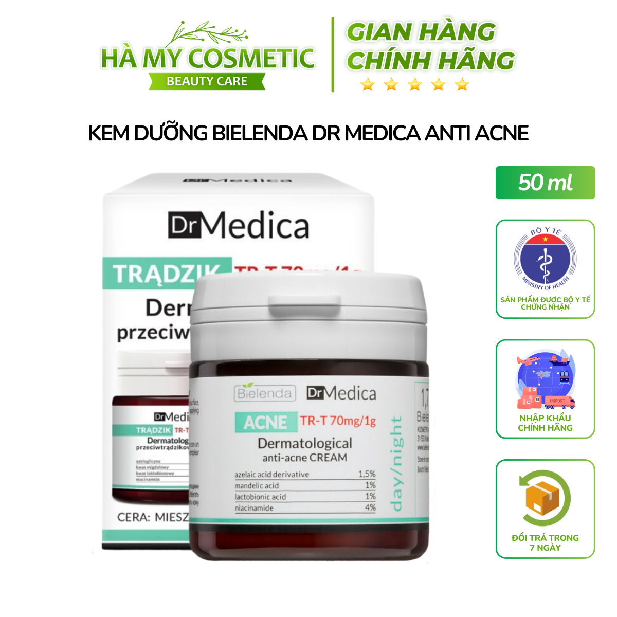 Kem dưỡng BIELENDA DR MEDICA ANTIACNE, Kem dưỡng giảm mụn, mờ thâm làm ẩm và dịu da 50ml ( trắng xanh)