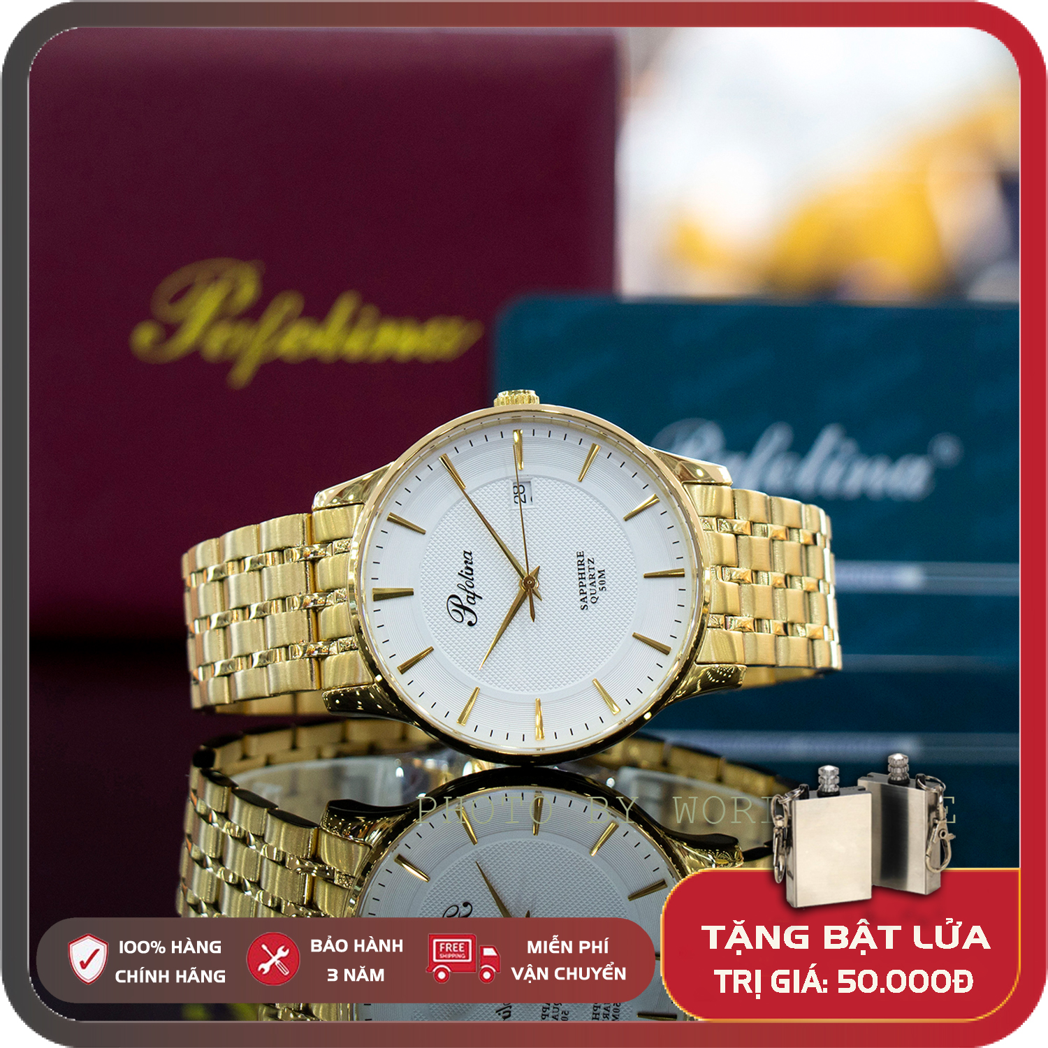 Đồng hồ nam Pafolina 5027M dây kim loại, full box, chống xước, chống nước, thẻ bảo hành 3 năm toàn quốc