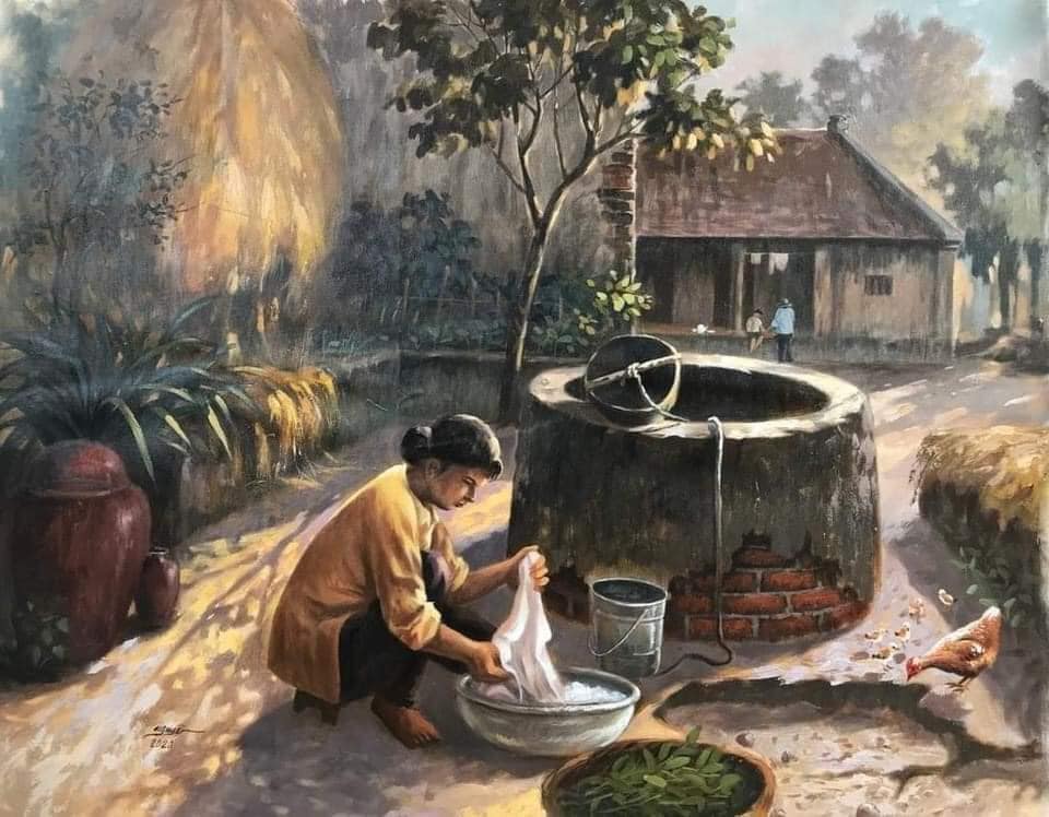 Tranh đồng quê Mẹ giặt quần áo bên giếng nước kèm khung tranh nhà cổ xưa Bắc Bộ