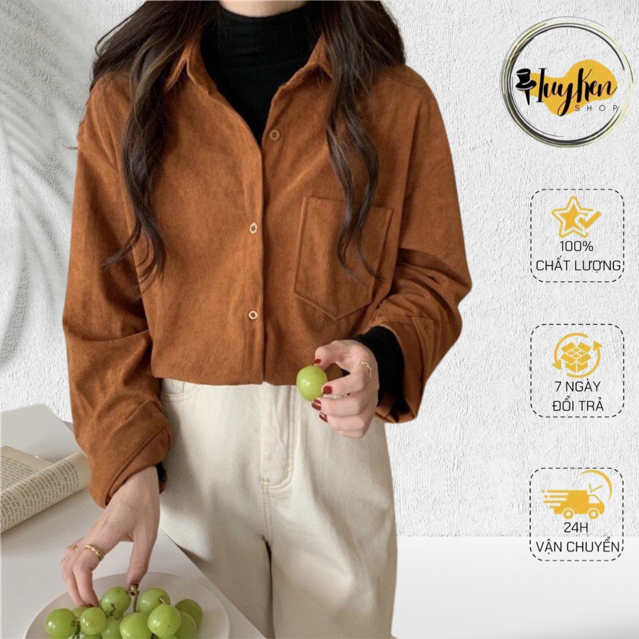 Áo sơ mi nữ tay dài form rộng nhung tăm kiểu Basic mẫu siêu hot