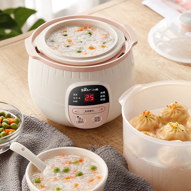 Nồi nấu cháo chậm Bear DDZ-B08C1 ăn dặm cho bé ninh hầm cách thuỷ có thể vừa nấu cháo vừa hấp củ quả