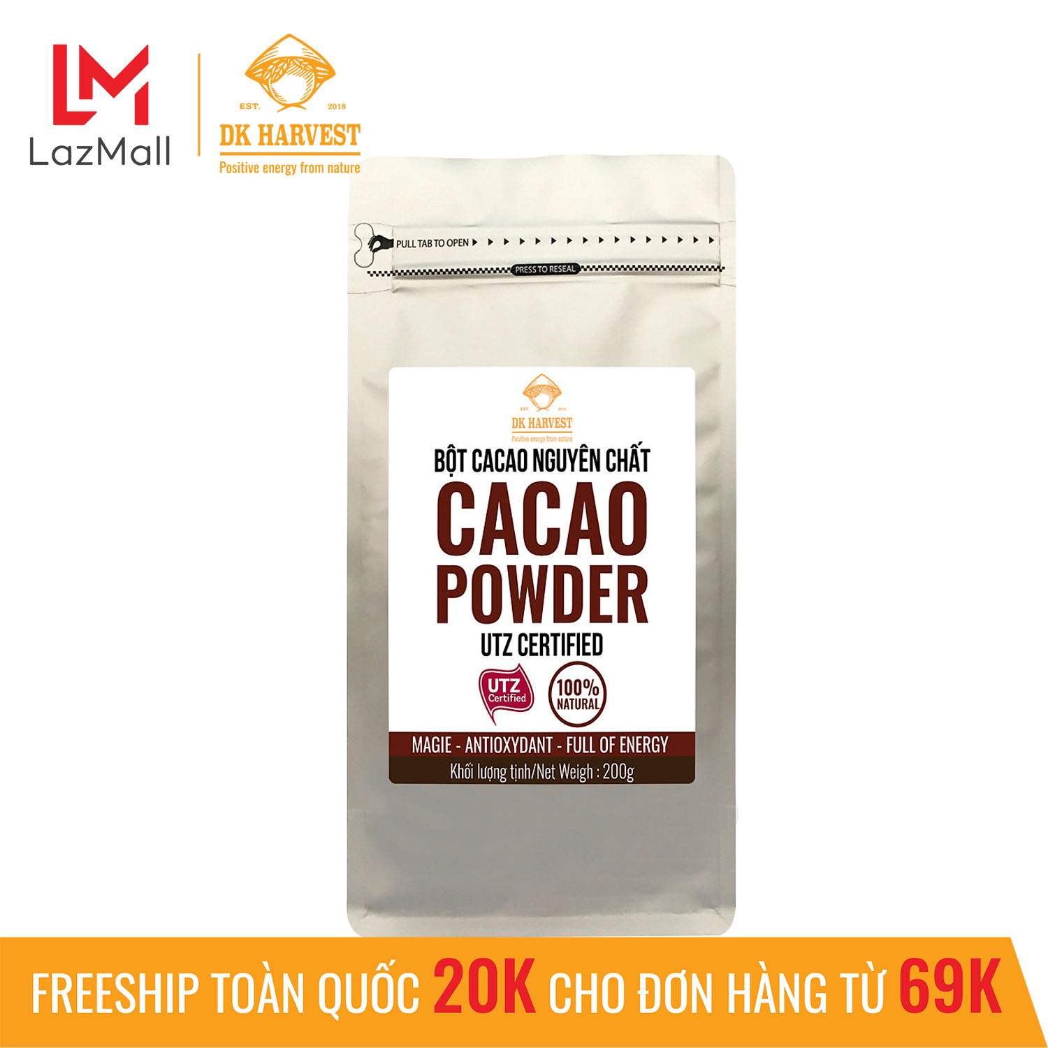 Bột Cacao nguyên chất cao cấp DK Harvest đạt chuẩn UTZ - Túi 200g - không đường, không pha trộn tạp chất, dễ tan, đậm đà
