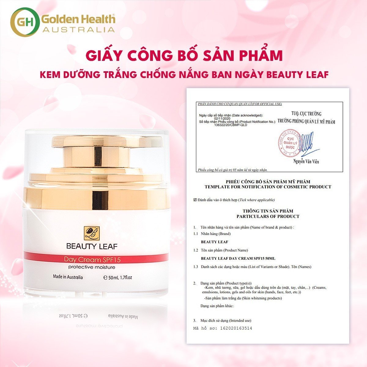 [GOLDEN HEALTH] Kem Dưỡng Trắng Da Ban Ngày, Chống Nắng, Mờ Thâm, Nám, Tàn Nhang Nuôi Dưỡng Làn Da Trắng Sáng Hồng Hào Từ Sâu Bên Trong Golden Health Beauty Leaf SPF15 50ml - Gia Tuệ House