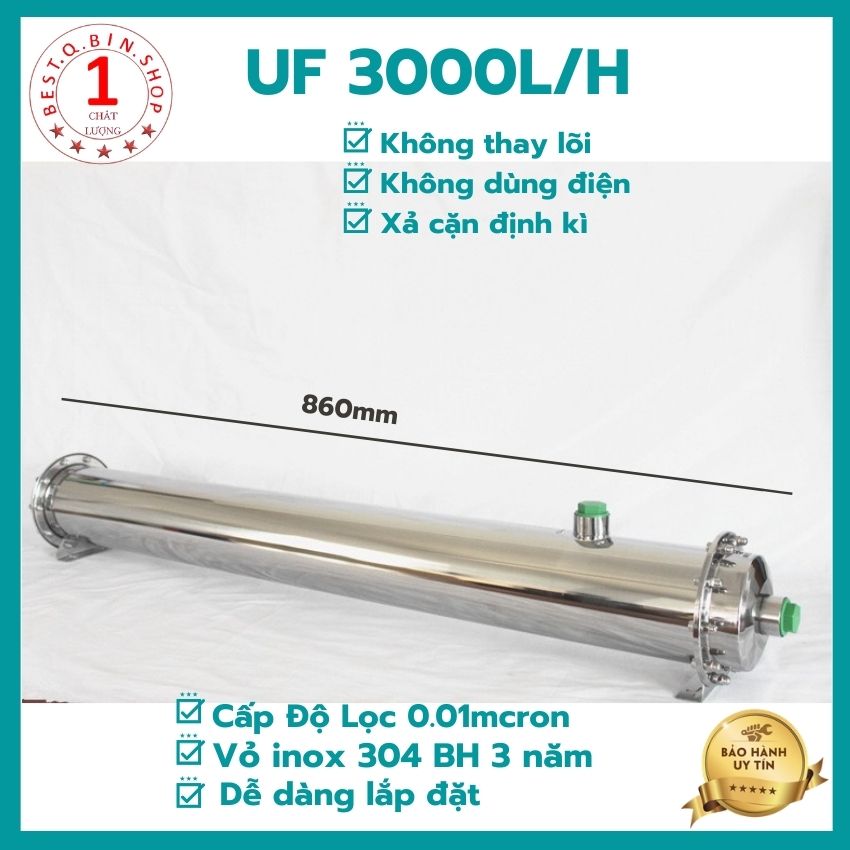 Máy Lọc nước UF công xuất 3000L/h lọc siêu cặn 0.1Micro , Vỏ inox 304 chống gỉ , Lõi Lọc sợi lọc xả cặn thời gian thay lõi trên 2 năm Bảo Hành 12 Tháng phần cột lọc