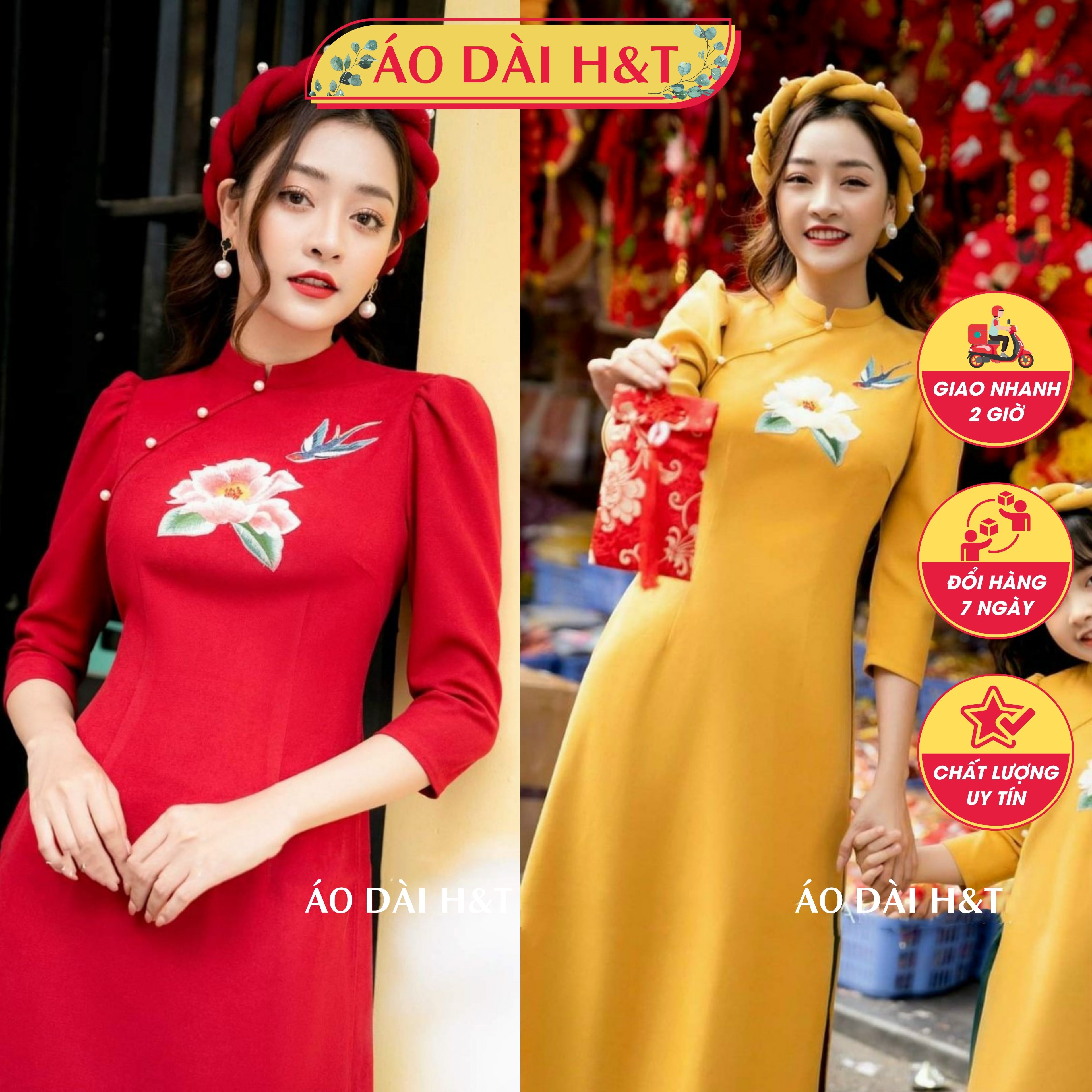Set áo dài cách tân mẹ và bé thêu hoa hồng cao cấp - HN35