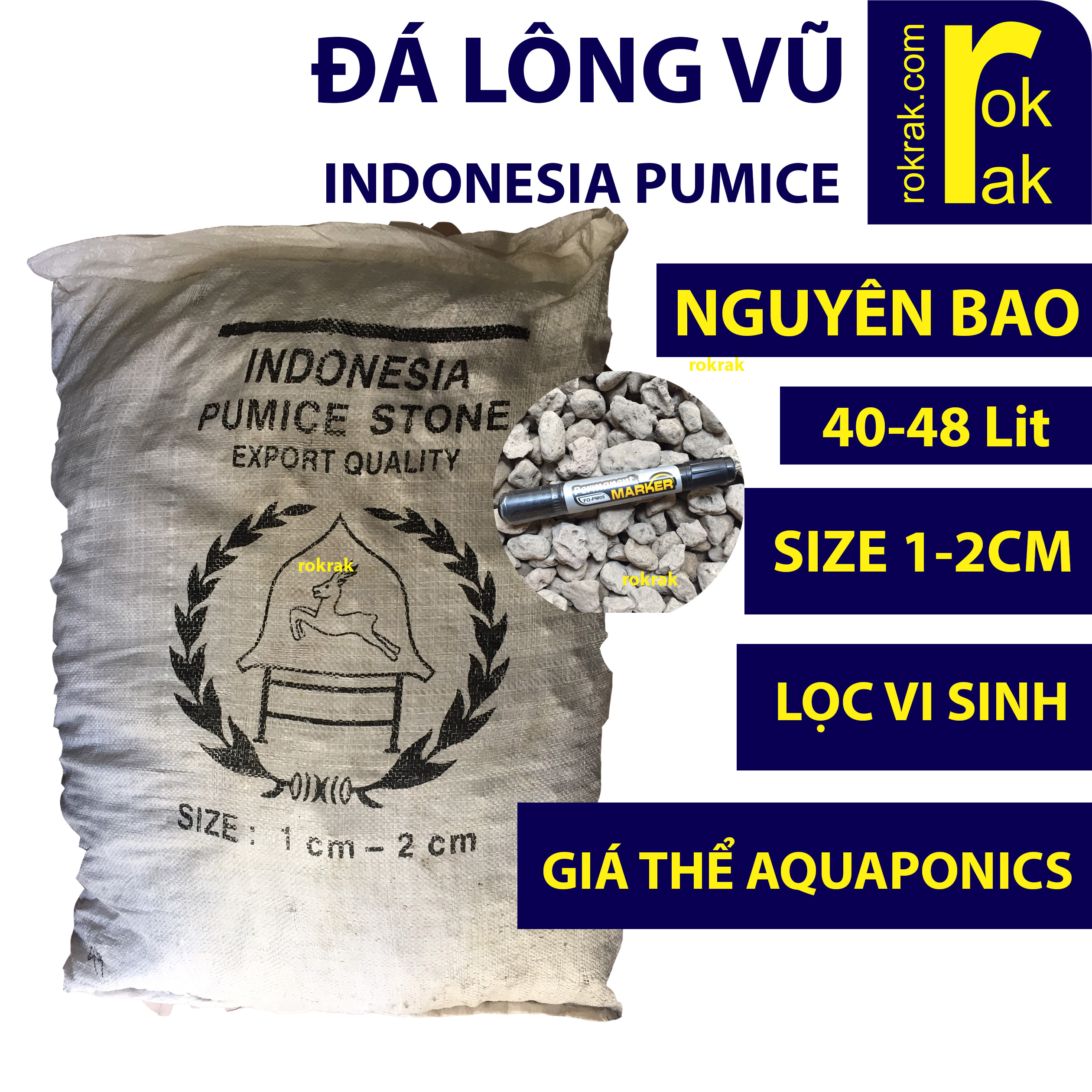 Đá lông vũ 1-2cm Nguyên bao 17~18Kg Đá bọt Nham thạch trắng Pumice