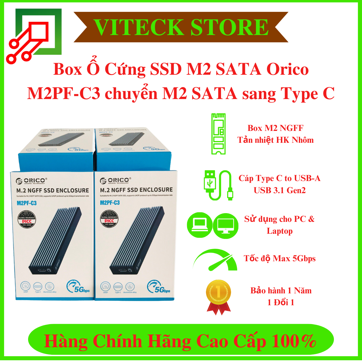 Box ổ cứng ssd m2 sata orico m2pf-c3 chuyển m2 sata to type c, ổ cứng di động - chính hãng - bh 12 tháng
