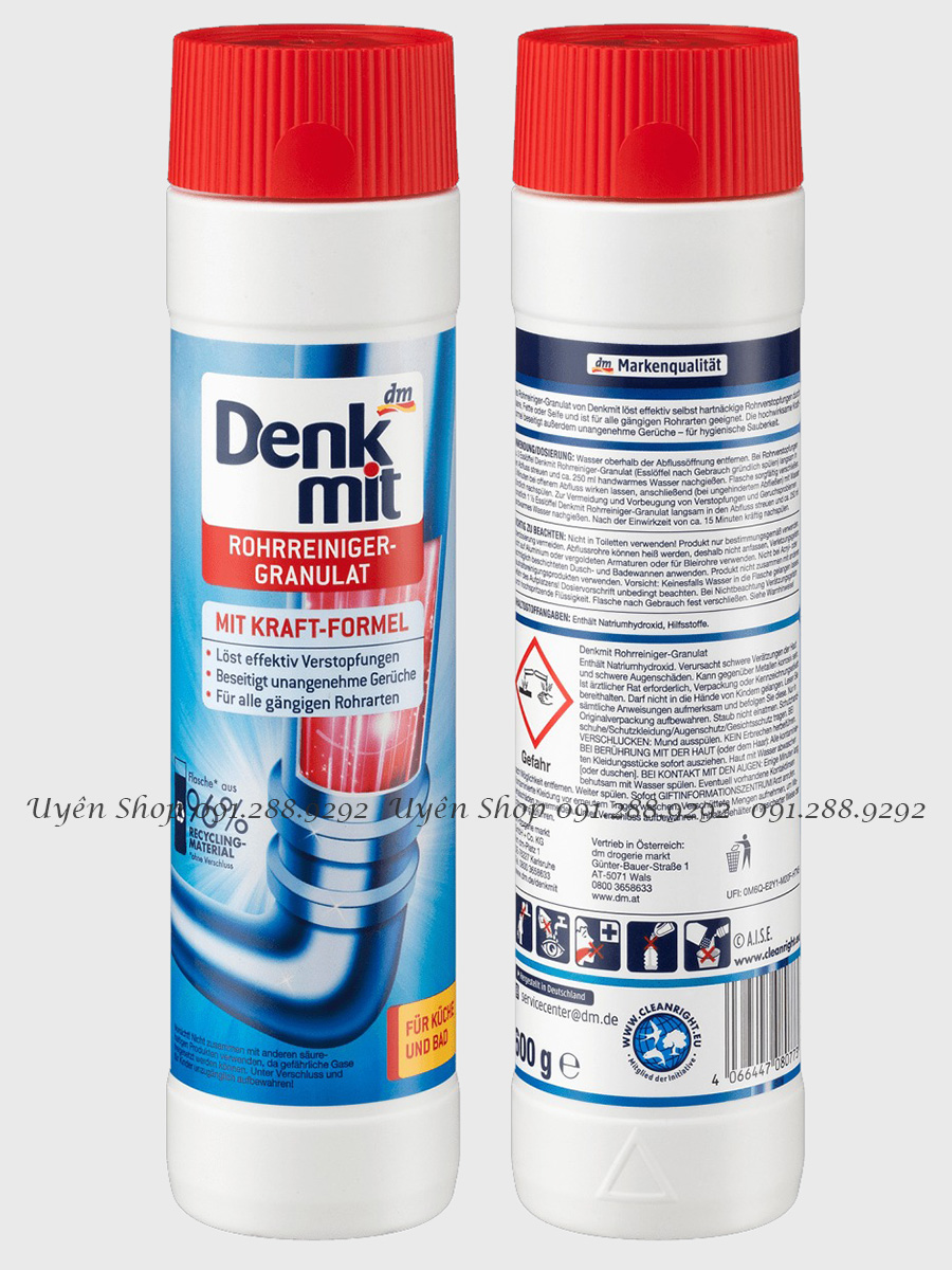 Bột thông cống Denkmit, thông tắc vệ sinh đường ống, chậu rửa bếp, thoát sàn - lọ 600g