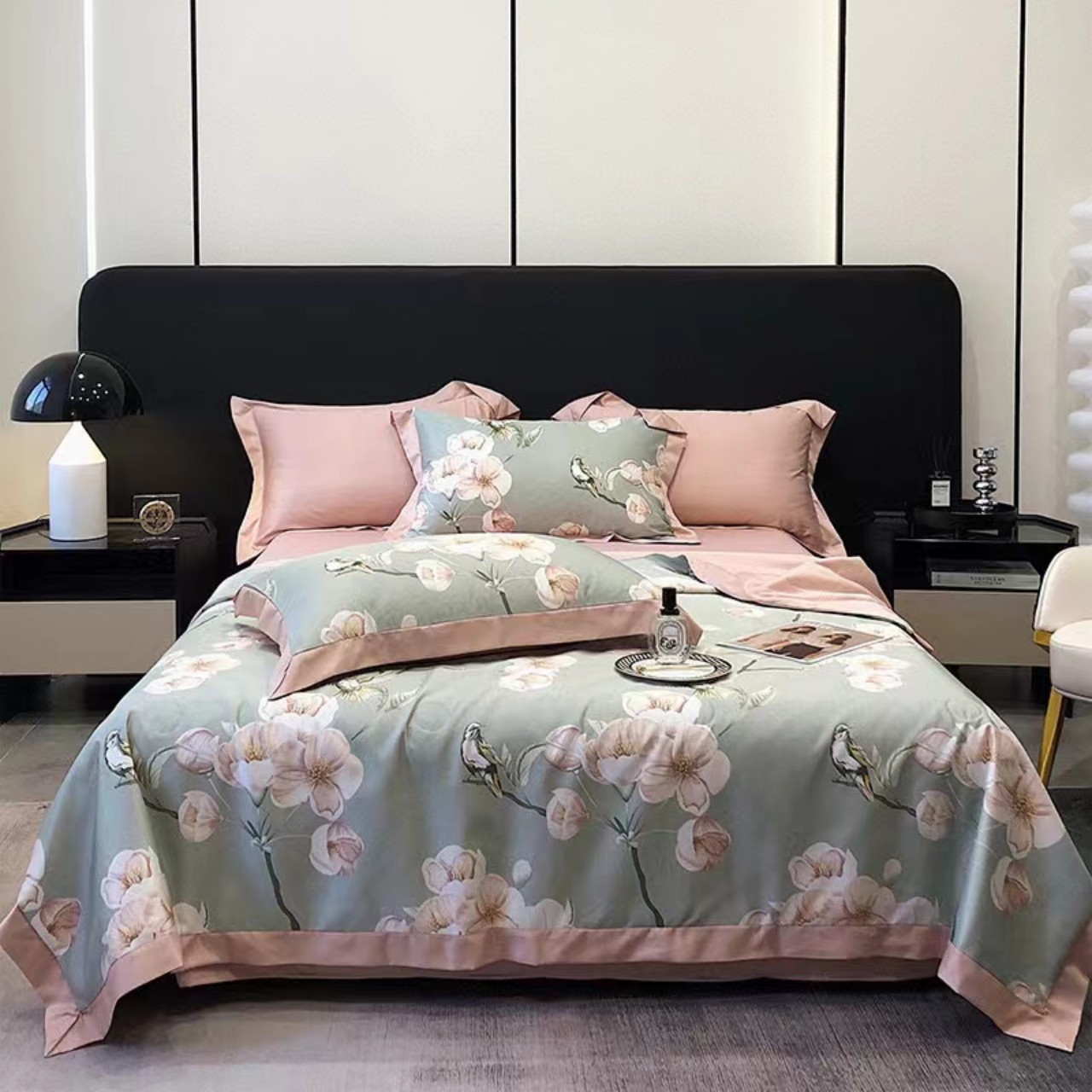 (HÀNG NHẬP) Bộ Chăn Ga Gối Lụa Thái Nằm Mát - Chăn Hè Trần Bông - Set 4 Món Có Mền, Drap, vỏ gối [Hoa đào hồng] 🌷🌹🍑