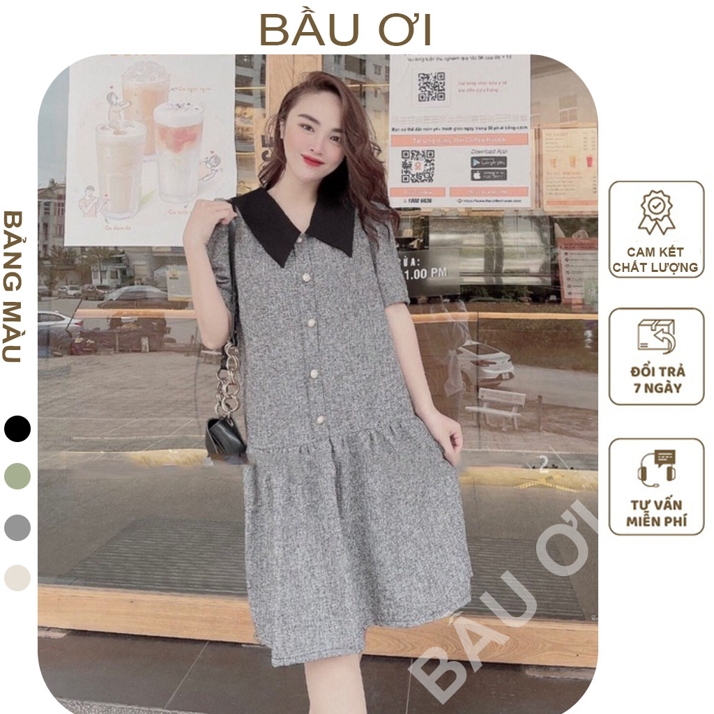 Váy bầu dạ dáng suông đuôi cá phối cổ cách điệu - đầm bầu công sở thu đông tay lỡ free size