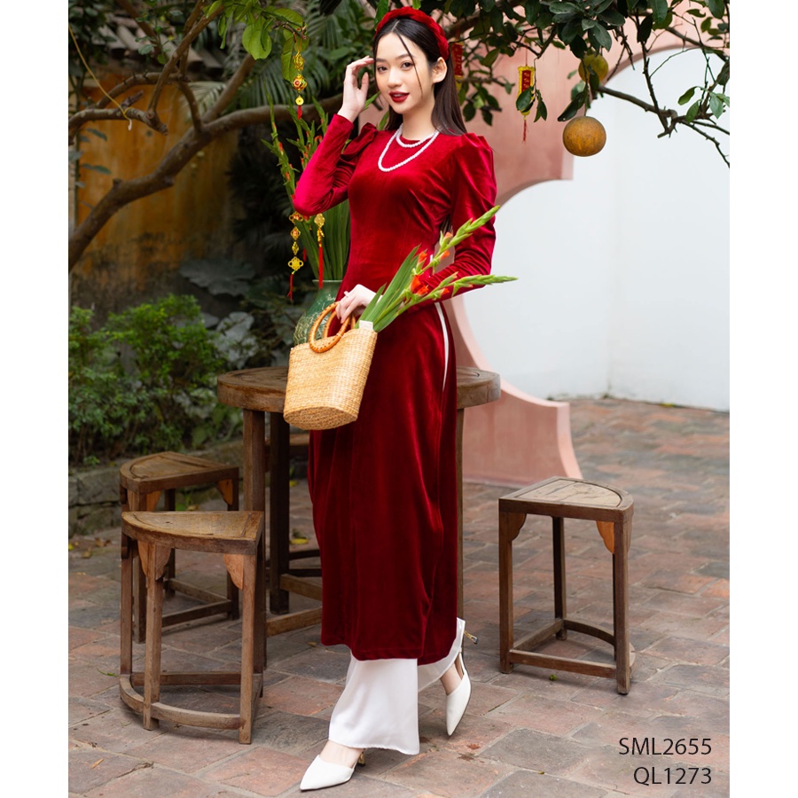 Áo dài cách tân, nhung, cổ tròn, tay bồng emspo sml2655