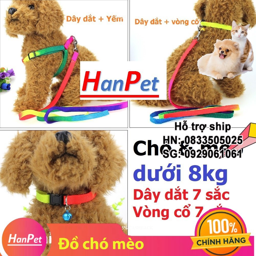 Hanpet Vòng cổ chó & dây dắt chó mèo loại 7 sắc cầu vồng