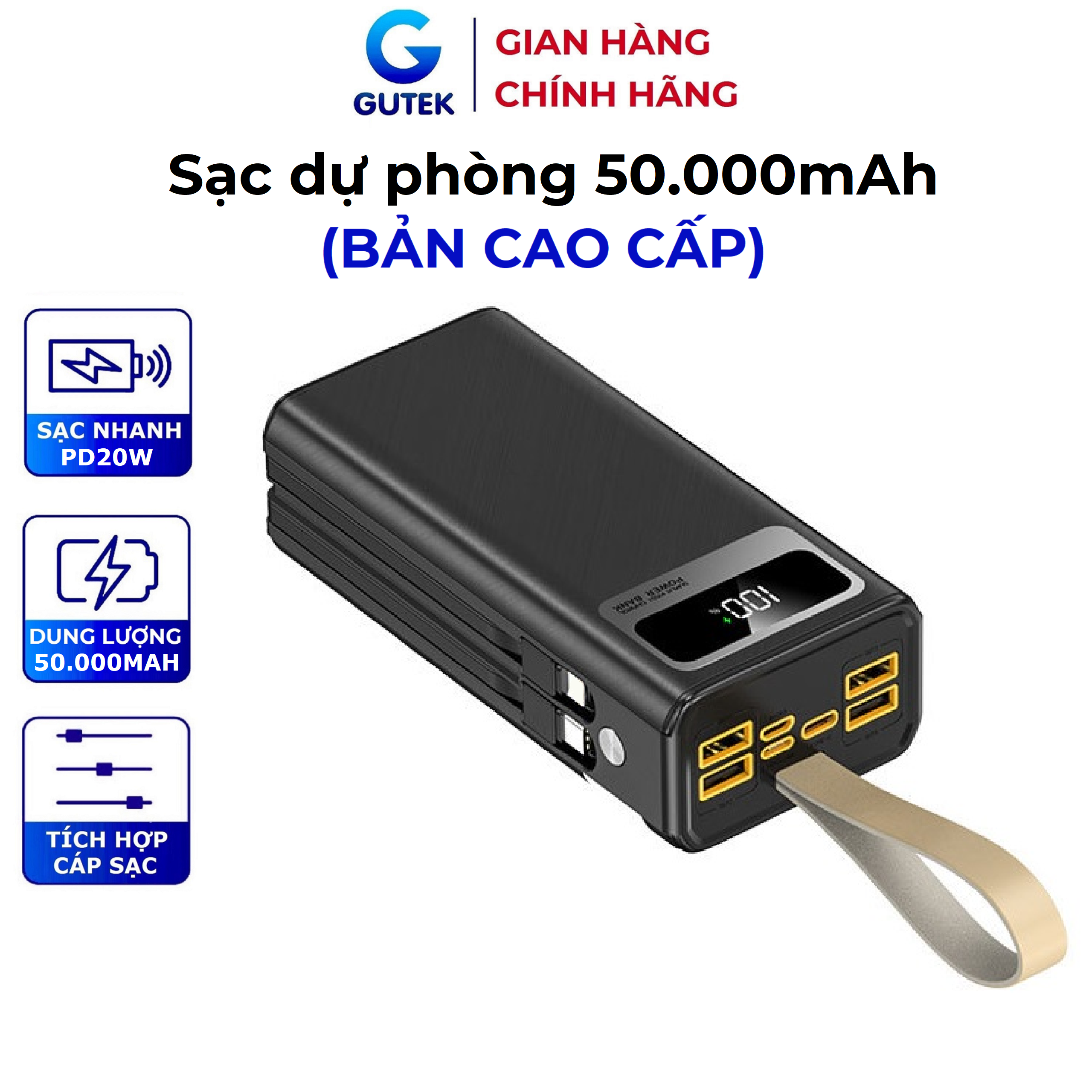 Sạc dự phòng 50000mAh sạc nhanh PD20W pin dung lượng lớn đi kèm dây cắm nhiều điện thoại - Gutek GT205
