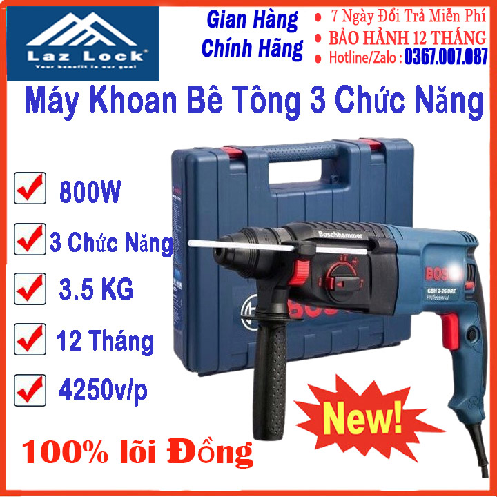 Máy khoan bê tông 3 chức năng 2-26 dhe bos.gbs - máy đục bê tông khoan tường công suất 800w lỗi đồng 100% bảo hành 12 tháng
