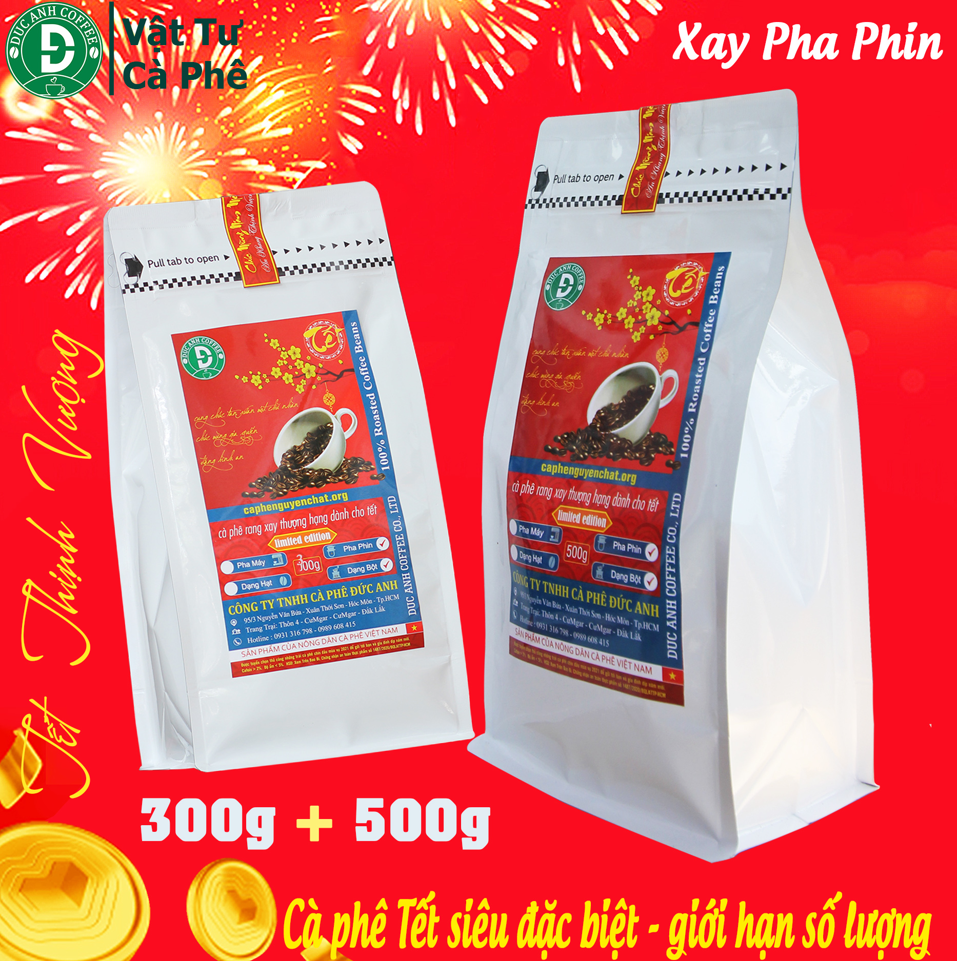 800g cà phê tết thịnh vượng - 100% cà phê rang mộc nguyên chất - gói 500g và gói 300g cà phê robusta - duc anh coffee