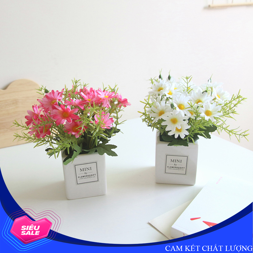Hoa giả trang trí để bàn, hoa cúc lụa, chậu bằng sứ MINI BY FLOWER - HF005  (nhiều màu lựa chọn)