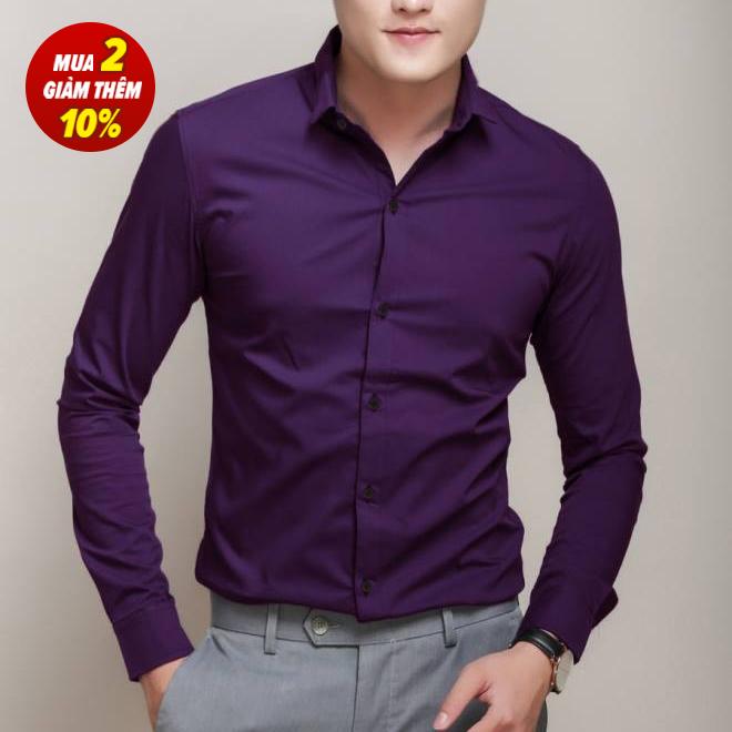 Áo sơ mi nam dài tay dáng ôm body NF, form Hàn Quốc màu tím đậm