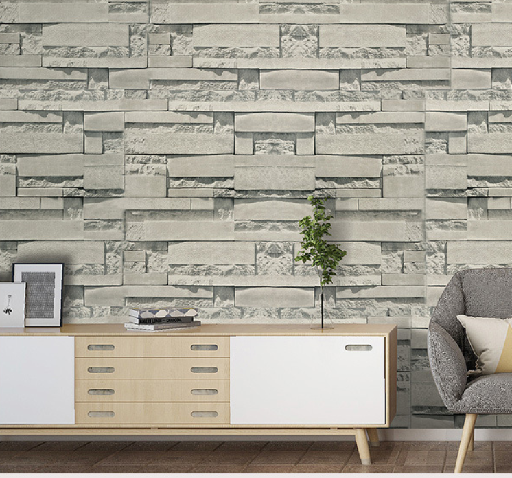 Cuộn giấy dán tường phòng ngủ 20m x 0.45 m đá 3d xám keo sẵn bóc dán a005a