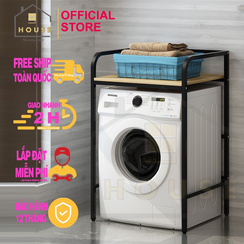 Kệ máy giặt 1 tầng 9HOUSE mã KMG044 loại kệ để máy giặt cửa trước kèm để lò vi sóng lò nướng nồi cơm điện khung thép dày dặn sơn tĩnh điện chống rỉ chịu lực cao gỗ lõi xanh phủ melamine chống nước sản xuất tại Việt Nam