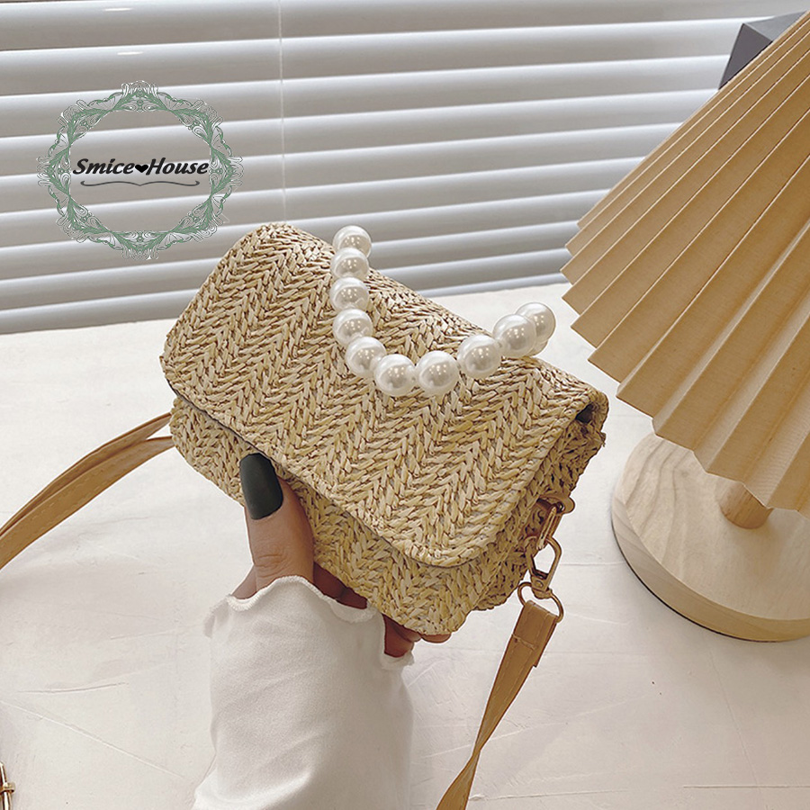 [HCM]Túi cói đeo chéo nữ mùa hè quai đính hạt ngọc dạng hộp nhỏ xinh túi xách nữ quai da đi biển đi chơi